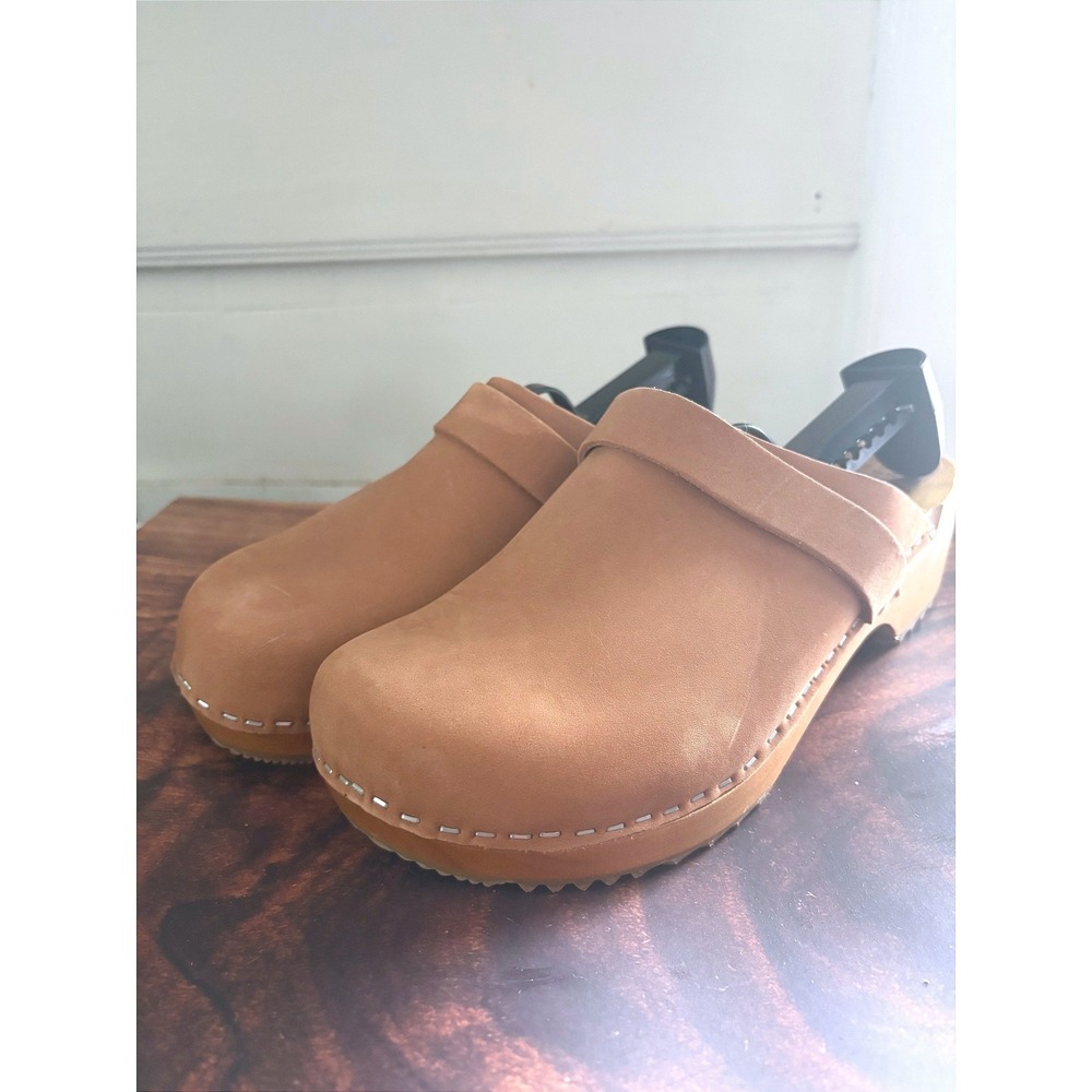 Klägn Bjork Maja Swedish Comfort Tan Leather Wooden Clogs Mules Platform Shoes